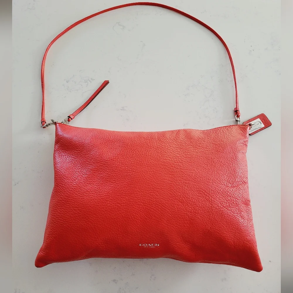 Coach Red Pebbled Leather Crossbody Bag Silver Hardware Foldover Clutch